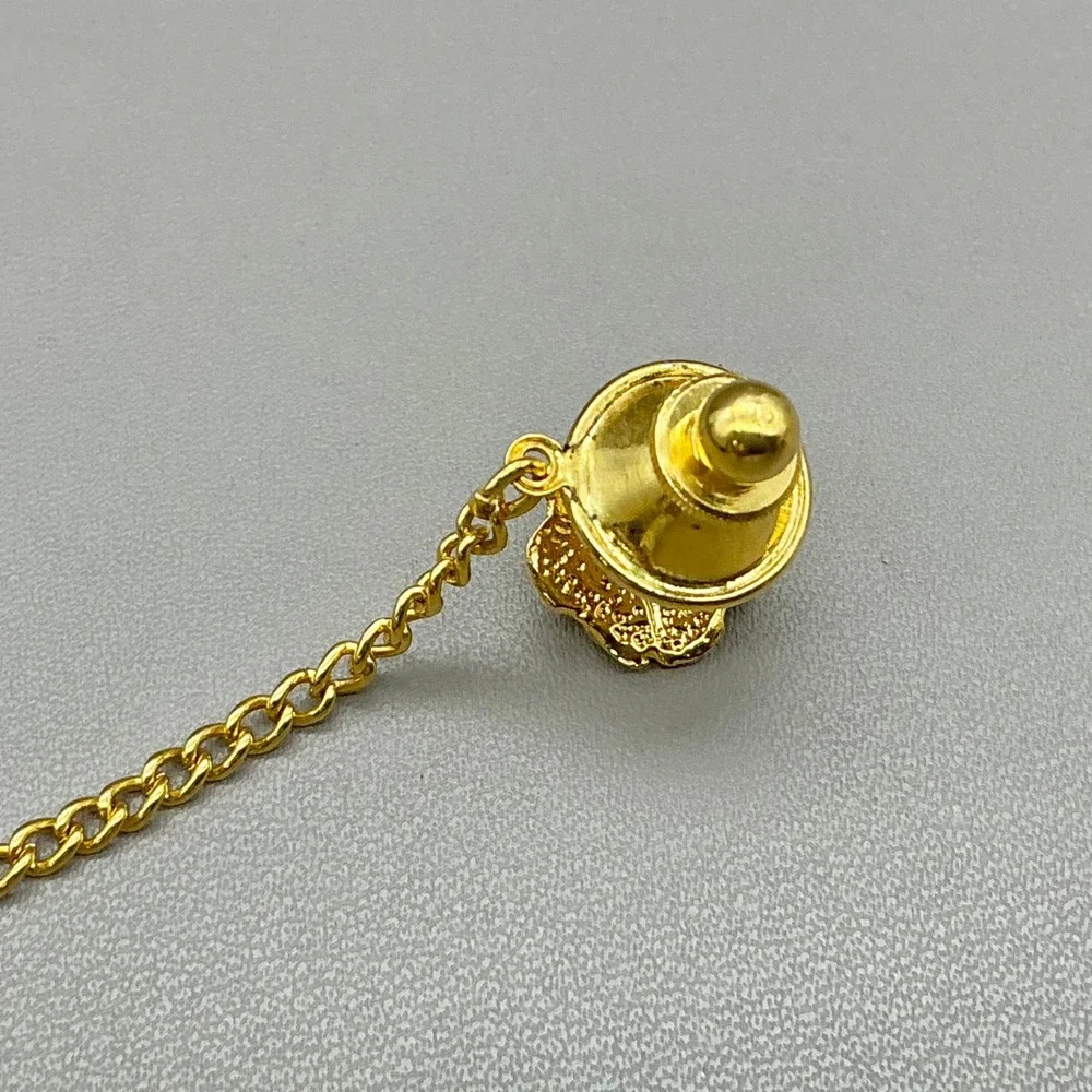 Vintage Gold Tone Tie Pin Flower Rhinestone Tie Tack Chain Bar Men's Accessory